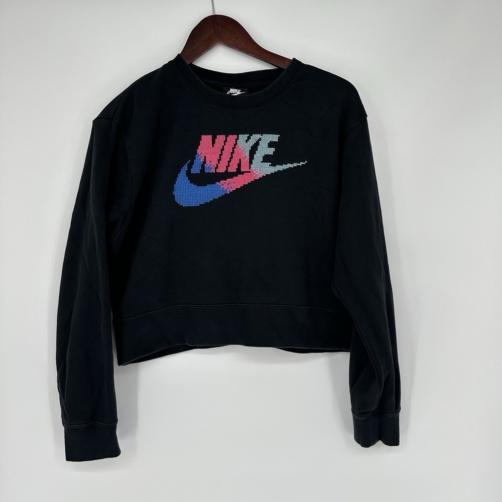 Nike Women's Black Embroidered Chain Stitch Pink Blue Nike Sweatshirt Medium